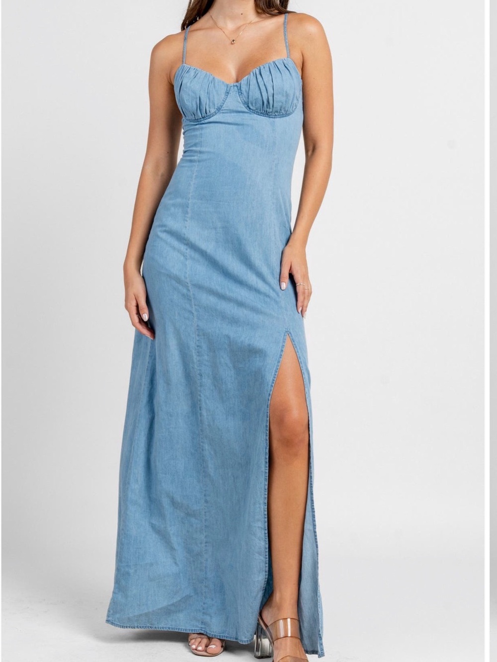 BEIVY Light Blue Denim Maxi Dress with Side Slit